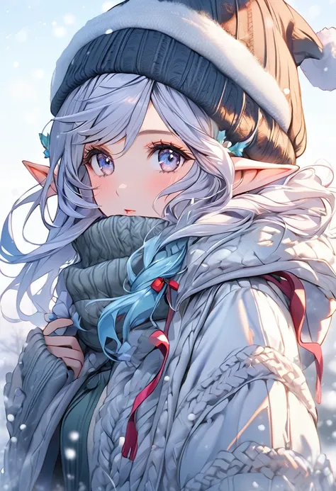 elf, pointy ears,, 1 girl, knitted hat, gorgeous winter clothes with brightly colored frills and ribbons, white breath, winter, winter cold sky,