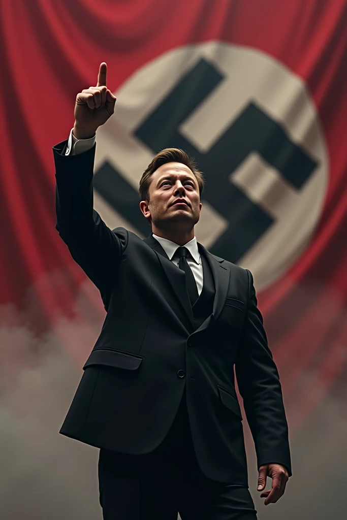 Elon Musk raises his hand 45 degrees, behind him, the Nazi German flag 