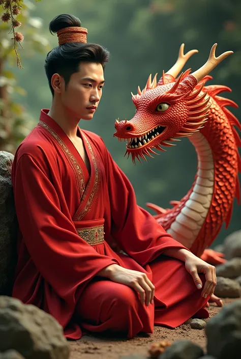 (photorealism:1.2), handsome man, wearing Burmese red clothes, sitting with red dragon