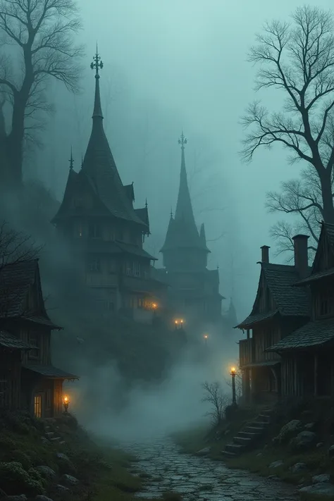  A view of an ancient village called Mistral , surrounded by a dark, hazy forest .  Fog envelops wooden houses and an eerie atmosphere fills the air. dark fantasy