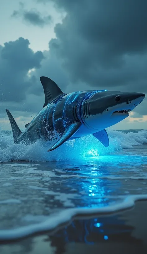 The image depicts a surreal and futuristic shark emerging from the waters of a beach amidst crashing waves. It is illuminated by a bright blue light that reveals its visible internal organs, giving the impression of a partially translucent and mechanical b...