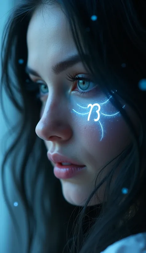 Close-up of a dreamy Cancer woman with deep, soulful eyes, long dark hair, and the Cancer symbol glowing in 3D on her cheek, emitting a soft glow of light blue and white, surrounded by moonlit reflections.