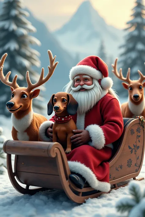 Brown dachshund girl with St. Nicholas sitting in sleigh, behind Santas deer   

