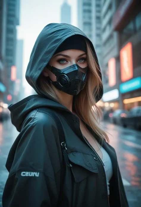 Hooded girl with a manipulative mask that covers her whole face in a city of the future