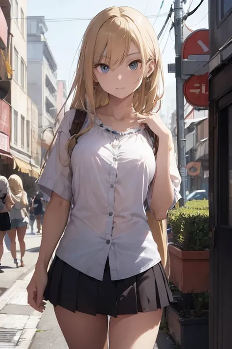 (( Best quality)), ((masterpiece)), ( in detail),  A short girl aged 18 . height 150 centimeters .  blonde long hair. works as a prostitute,  covers her small breasts with her hands {x} so she always wears a very short skirt that hardly covers her pussy.  ...