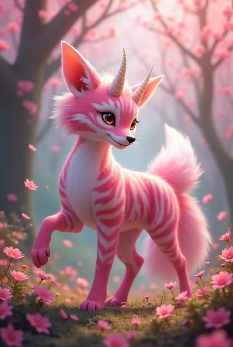  Please create a fantasy creature ,  a mix of fox, Tiger and deer ,  with cherry blossom colored fur and two small, white horns on the head 