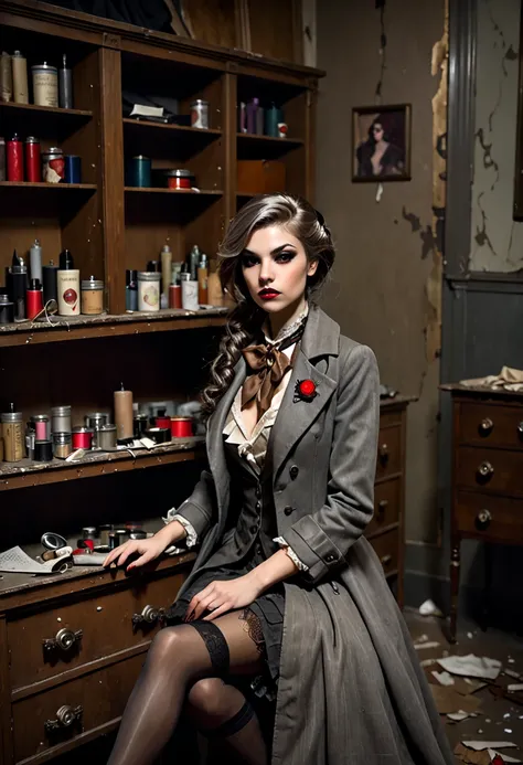 realistic, Charlie Bowater style, vampire, (torn gray coat with patches), (old light brown top hat with patches), sitting on a cabinet, dressing room of an abandoned theater, open chancel, dress doll, old dressing table, gray-brown hair, , insane, at night...