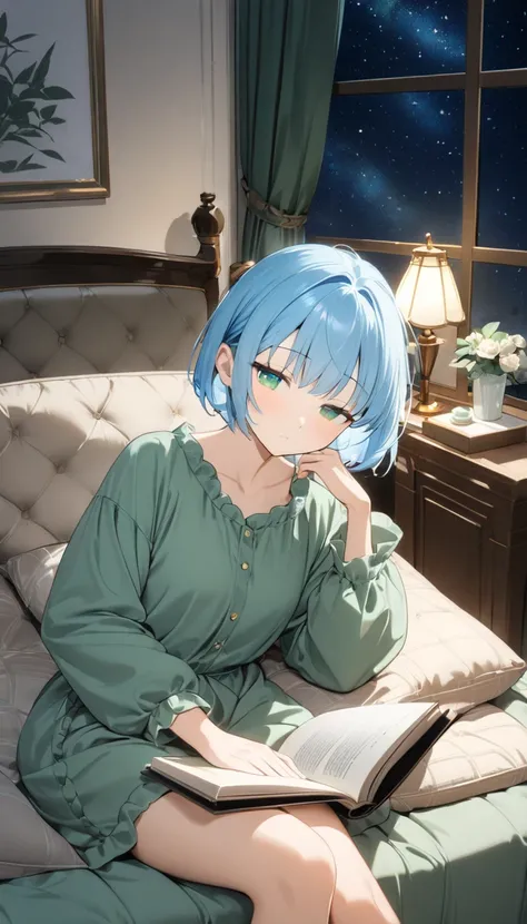 Highest quality、Light blue hair、Short Bob、Deep green eyes,20 years old,small breast,Brown casual loungewear 、bedroom,at night, sleeping in a luxurious chair 、 eyes closed、 Im putting a book Ive just read on my lap、Outside the window is a starry sky 