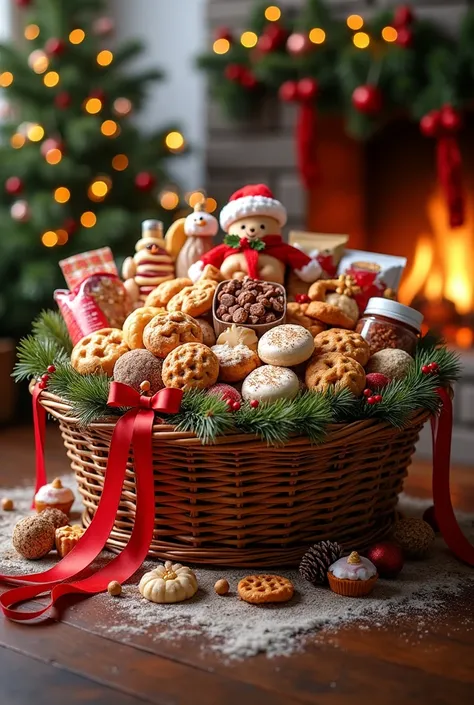 Create a Christmas basket with lots and lots of products to eat at Christmas