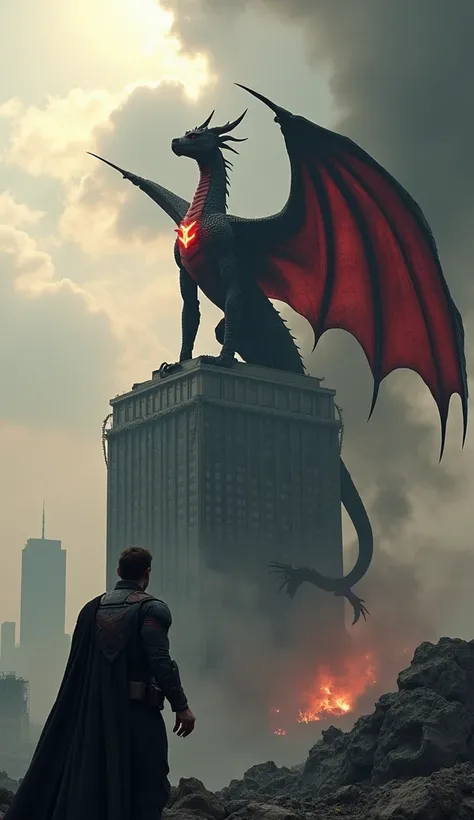 This photo is clicked using Blackmagic Design URSA Cine 12K LF Digital Film Camera "An imposing illustration of a crimson-scaled dragon superhero with black obsidian horns and a flowing black cape lined with flames. Its chest features an emblem of a flamin...