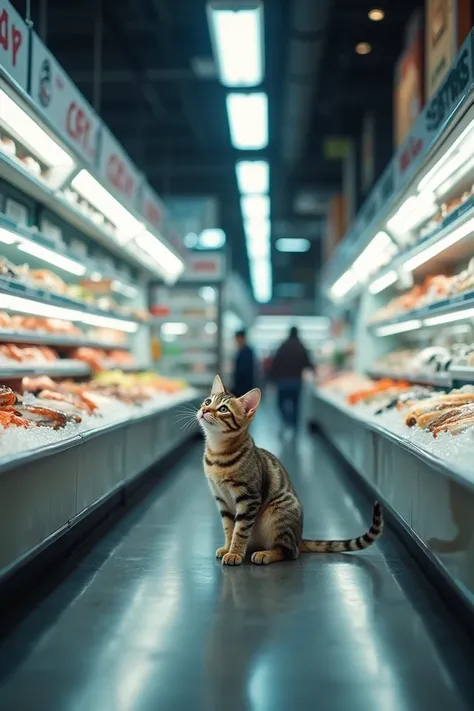 A cat walks into the fish section of a supermarket