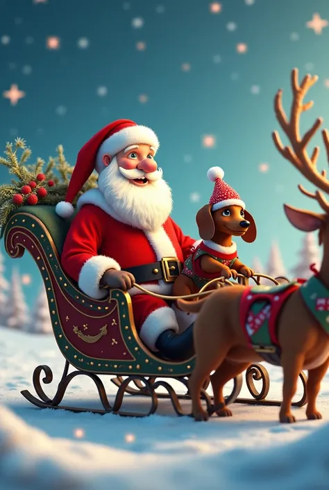 Photo:  Santa Claus is sitting in a sleigh , next to him Deer .  There is a brown dachshund in an elf costume sitting on his movements 