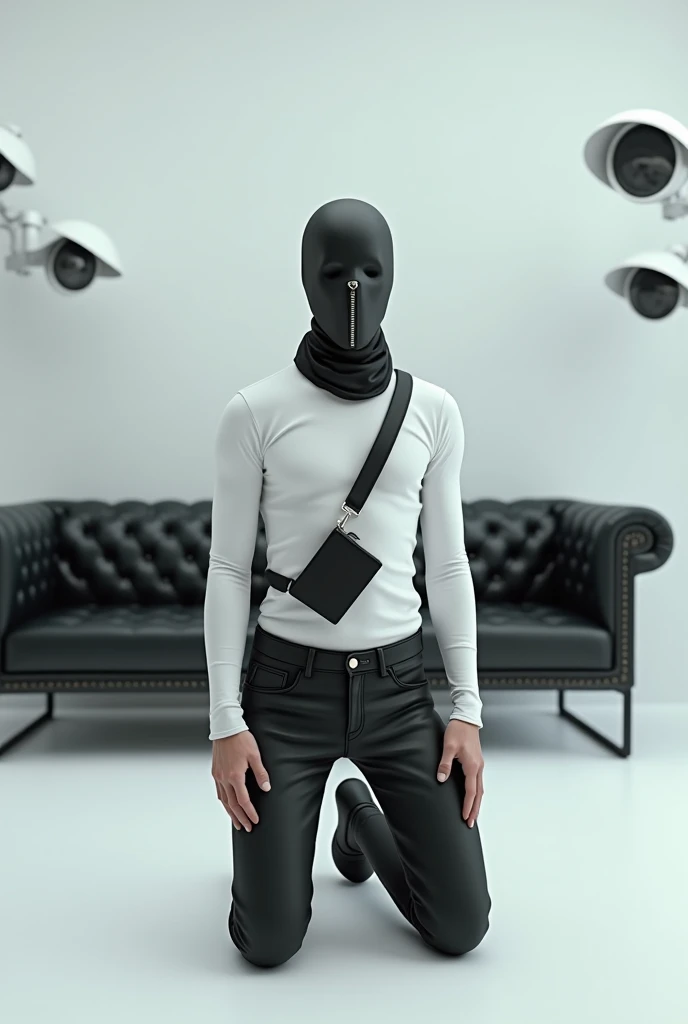 Tall skinny man, wearing skinny jeans, white shirt, and a small bag across his chest, wearing a full face black leather gimp mask that is completely smooth with a zip across the mouth, and hes on his knees in a white room with a black leather sofa, and TV ...