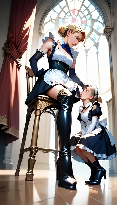 Anime Women, Maid seated on a chair, thigh boots, elbow gloves, raised leg, Stomping of feet on throat, Stomping of feet on neck, looking down, throw