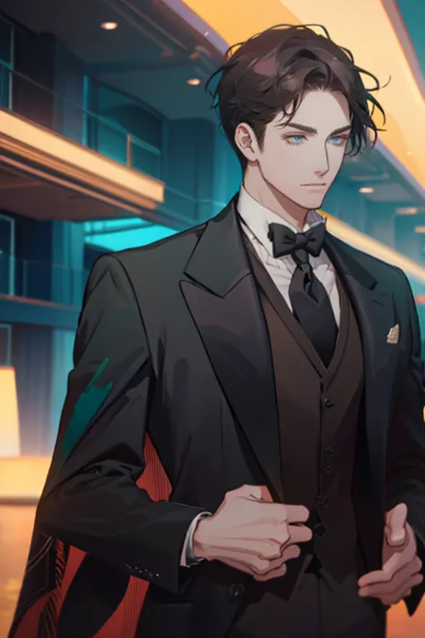 ((a young man in a black suit and tie)), taken in the early 2020s, gotham, alejandro, he looks very sophisticated, (((left side ...