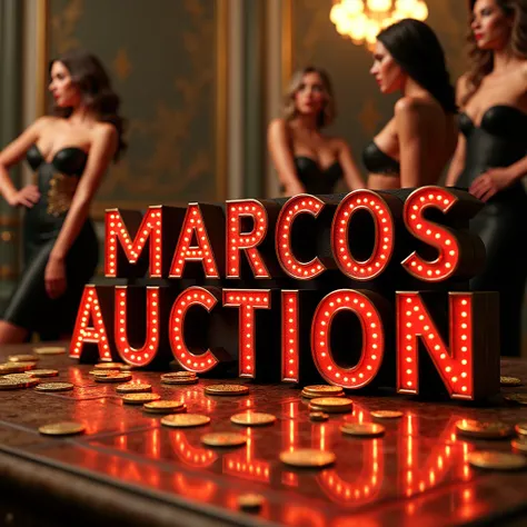 written plate: Marcos auction with realistic red metallic letters,  with sexy women , and gold coins around 