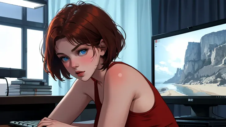 A Young girl short auburn hair with big breasts wearing a red tank top, sitting at a desk at night, illuminated by the glow of a laptop screen. She is typing on the keyboard with a focused expression, her blue eyes reflecting the light from the screen. The...