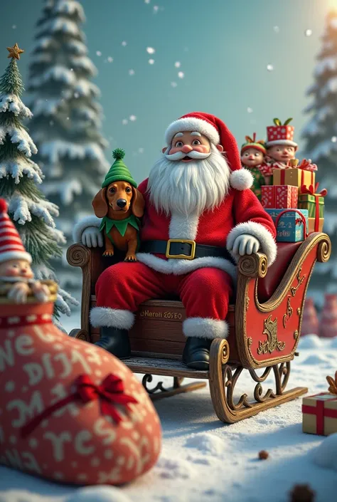 Photo:  Santa Claus is sitting in a sleigh , next to him Deer .  There is a brown dachshund in an elf costume sitting on his movements. Elves run nearby with gifts and put all the gifts in a big bag that Santa Claus stands behind his back on a sleigh 