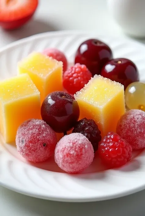  create realistic photo of frozen fruit on a .  plate which should contain only the following ingredients:  chopped mango 30 %,  Sliced strawberry 30%,  dark cherries 20 %, Grapes 15 % and Goji 5 %
