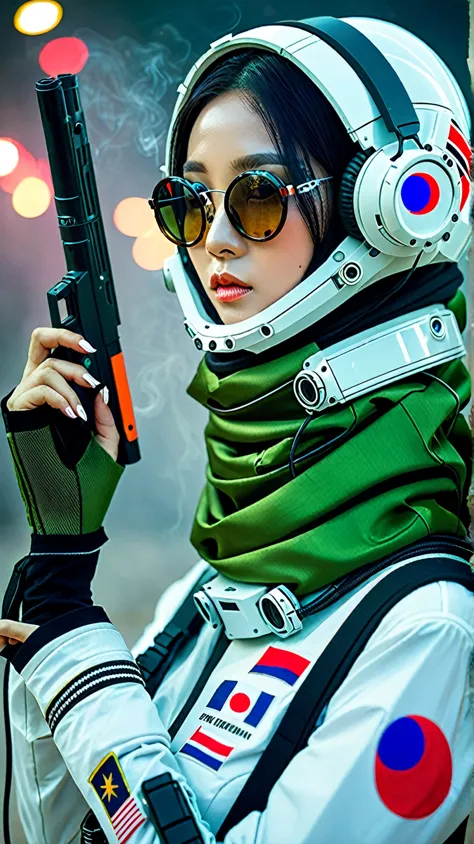 a beautiful korean woman, the indonesian flag is placed on the arm as a sign of friendship, wearing hijab, wearing a futuristic ...