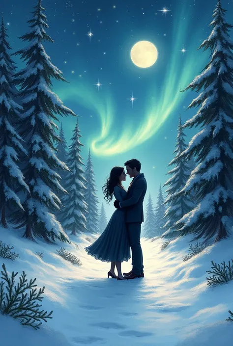 A picture that looks self-painted with a winter landscape ,  trees that are full of snow , Mistletoe , Northern Lights, Stars and a moon that shimmers on a street ,  that gets smaller from front to back . In the middle of the way is a couple,  that kisses ...