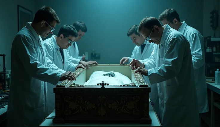  Group of scientists putting a camera inside a coffin , to see scientists putting cameras in the coffin  