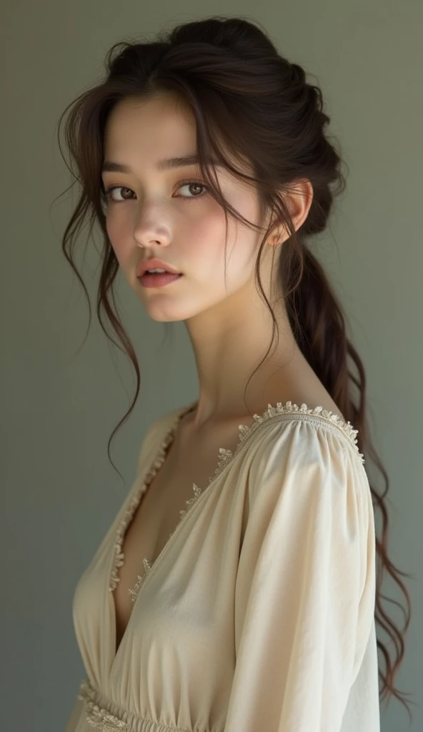  One of about  ,  with dark brown hair combed back and tied , light skin,  delicate and serene face .  She wears a long and modest dress made of light fabric in a light tone, with serious affection . She is looking at the spectator.