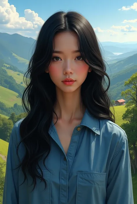 Wavy black haired girl wearing blue shirt with beautiful landscape background 