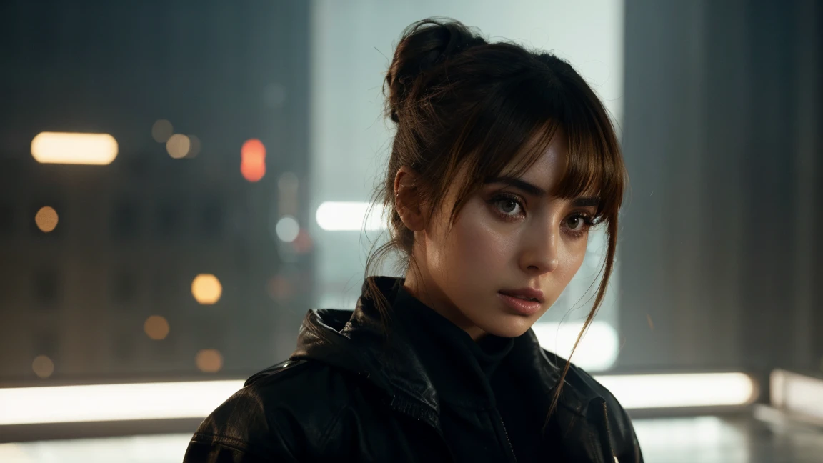 Ana de armas from blade runner 2049. Hair is gathered in a bun. Cyberpunk style.