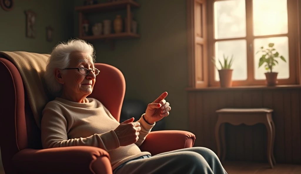 001: Masterpiece, award-winning, (chronic pain:1.3), elderly woman with a kind face, holding her swollen fingers gently with the other hand, seated on a cozy armchair, (rustic living room:1.2), soft afternoon sunlight streaming through a window, artstation...