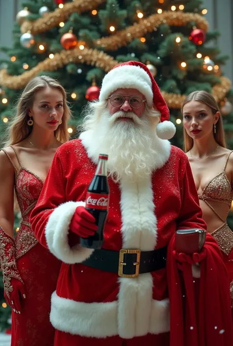 "A hyper-realistic Christmas-themed scene featuring a futuristic Santa Claus holding a Coca-Cola bottle in one hand. Santa is surrounded by two elegant and sensual Christmas muses wearing detailed red and white festive outfits with luxurious textures. The ...