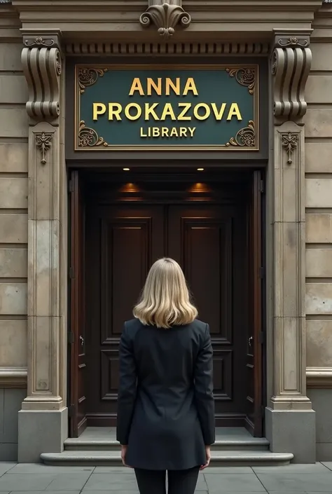 A sign with the name of writer Anna Prokazova hangs above the entrance to the library. The writer herself is thin and has dark blond hair standing and looking at her