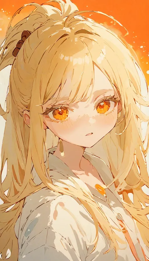 Splatter backgrounds and spray paint effects,
shinosawa hiro,Orange eyes,White eyelashes,Blonde,Long Hair,Hair Clip,flat chest,chestnut mouth,embarrassed,side ponytail,