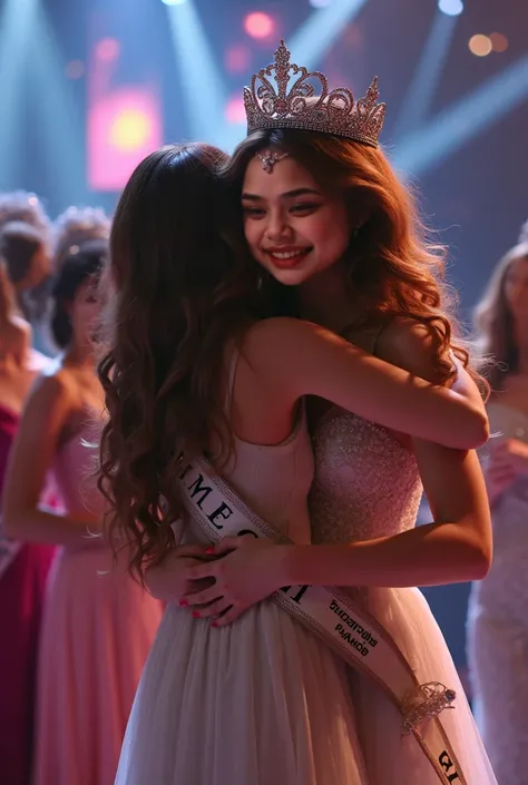 Miss RUSSIA long brown hair cry because win Miss GENERATIONS tittle with sash "Miss Generations" and crown and get hug from other participant Tearfully please Full pict That sash have to be written " Miss Generation" russia look (that Miss generation )