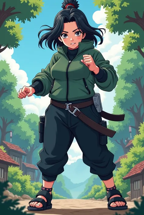 Chubby female ninja from Konoha, without mask.  drawn in the anime style with the Kishimoto line