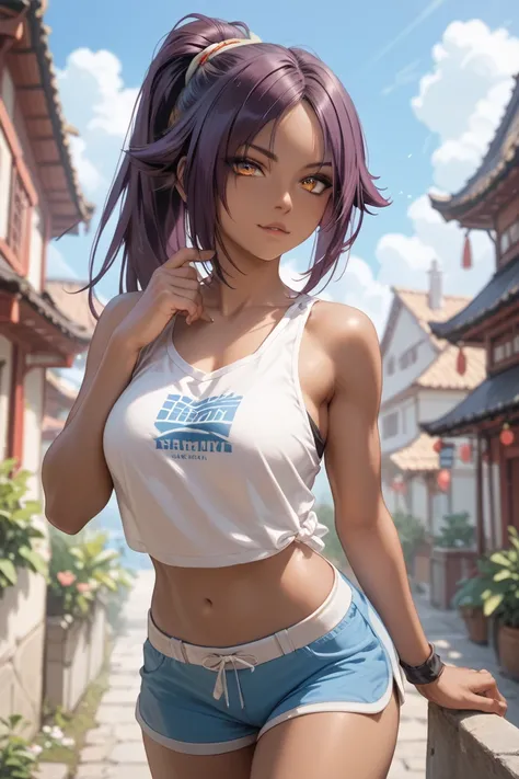 shihoin yoruichi in blue shorts