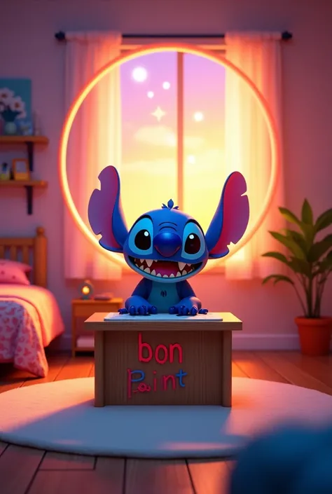 Un bon point coloré avec un fond dune chambre le personnage stitch au milieu assis a un bureau. Dans une police joyeuse avec un espace en bas ou il ya écrit: "Bon point"