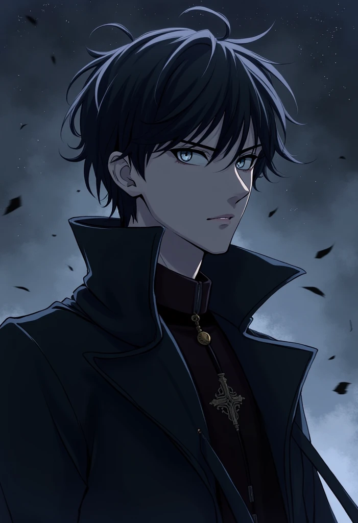 manhwa, 1 male, short black hair, grey eyes, black suit, black trench coat, chaotic background, starry skies, (best quality, 4k, highres, masterpiece:1.2), handsome, monarch, cold and emotionless expression, sharp angular features, imposing and regal prese...