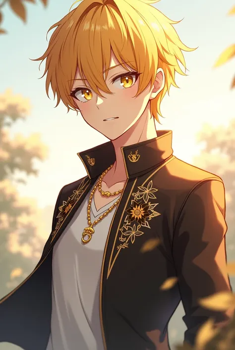 A stunning anime boy with short, slightly tousled bright yellow hair that shines softly, adding a striking contrast to his surroundings. He is dressed in a sleek outfit featuring a stylish jacket with intricate embroidery, complemented by a white undershir...