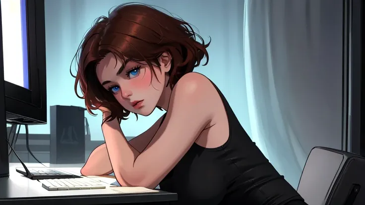 A Young girl short auburn hair with big breasts wearing a black tank top, sitting at a desk at night, illuminated by the glow of a laptop screen. She is typing on the keyboard with a focused expression, her blue eyes reflecting the light from the screen. T...