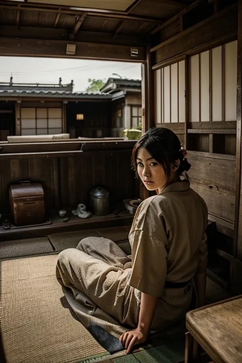 Japanese  in the back of an old truck parked in an old Japanese village