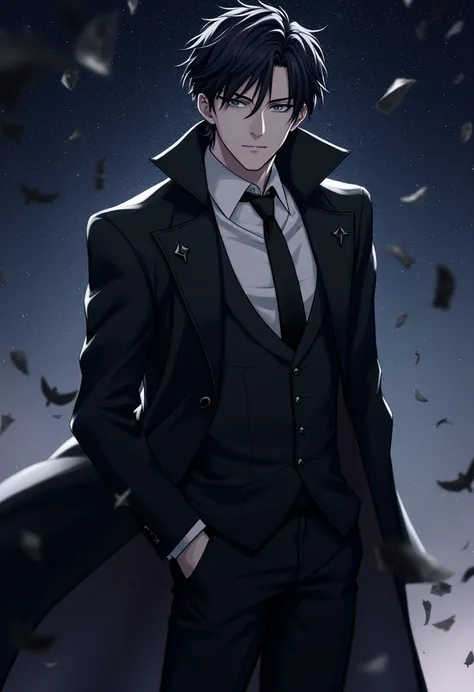 manhwa, 1 male, short black hair, grey eyes, black suit, black trench coat, chaotic background, starry skies, (best quality, 4k, highres, masterpiece:1.2), handsome, monarch, cold and emotionless expression, sharp angular features, imposing and regal prese...