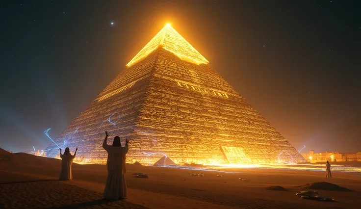 A futuristic depiction of the Great Pyramid of Giza at night, transformed into a massive energy generator. Bright beams of golden light shoot out from its apex, connecting to the stars above and creating a luminous grid across the desert sands. The surface...