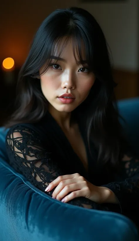 close up photo of a woman of Indonesian Russian descent, beautiful, 30 years old, ((blue sofa)), (in a dark room), high nose, straight hair, cinematic