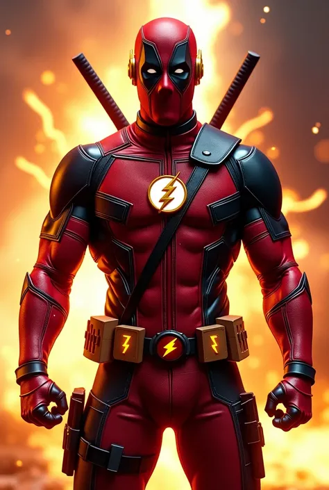 Create an image of Deadpool and Flash merging. I want it in HD and with custom armor , Flash symbol on the chest