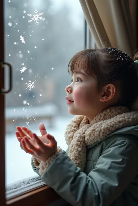 Une fille qui attrape des neiges devant sa fenêtre 