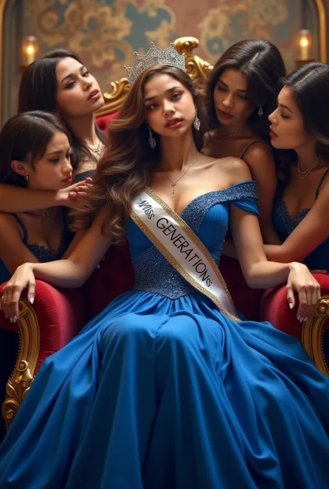 LARGE BREAST, Miss RUSSIA long brown hair super tight blue evening maxi  dress pleated ball gown, stunning sequin, off shoulder evening slim fit dress). she  sitting on throne  cry because win Miss GENERATIONS tittle with sash "Miss Generations" and crown ...