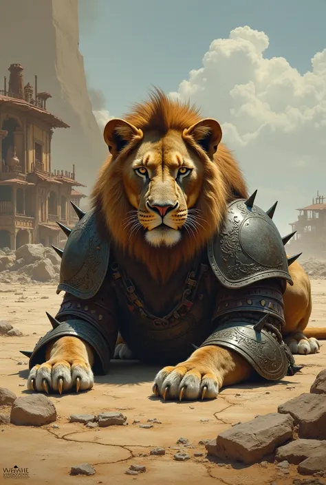 A lion in Viking armor and its backdrop of an apocalyptic desert lying on the ground 