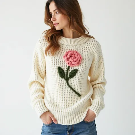 Nice sweaters design crochet with wool rose design on sweater wear and white color full view pic legs full zoom out 