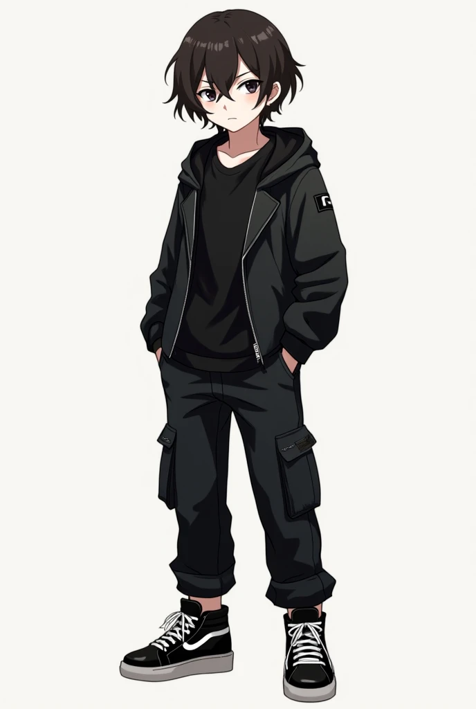  A white-skinned young boy ,Dark brown hair,short and wavy . wearing a set of black clothes : leather jacket, unprinted shirt ,Cargo pants and a black sneaker with white details make Anime Shounen style